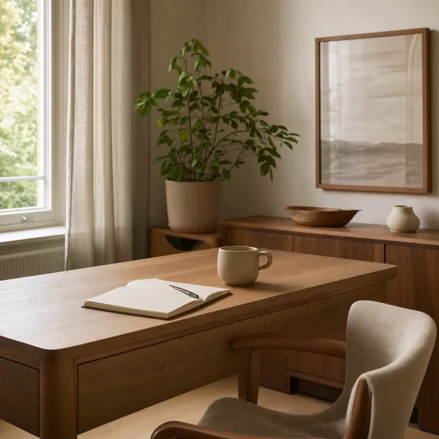 A desk by a bright window