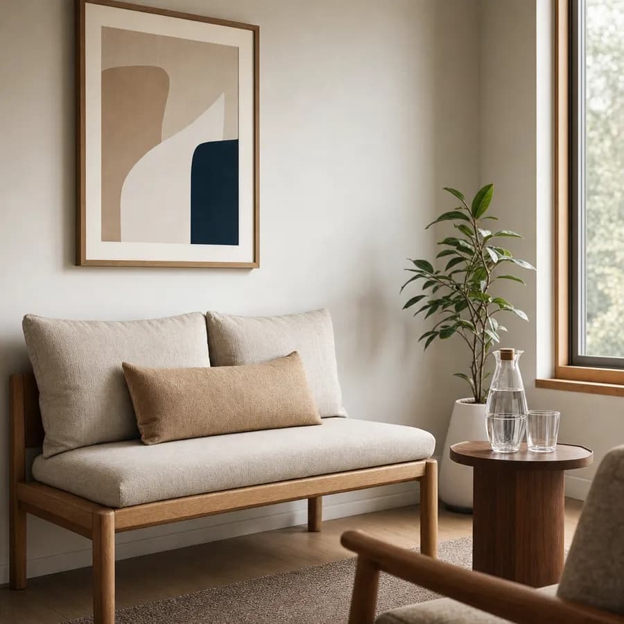 A calm waiting area with sun on the wall