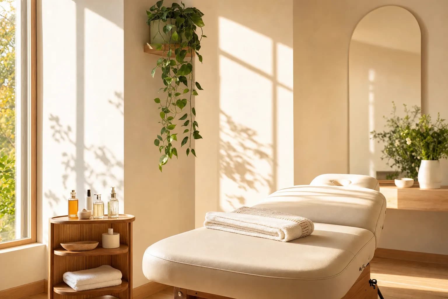 A med spa treatment room in soft light