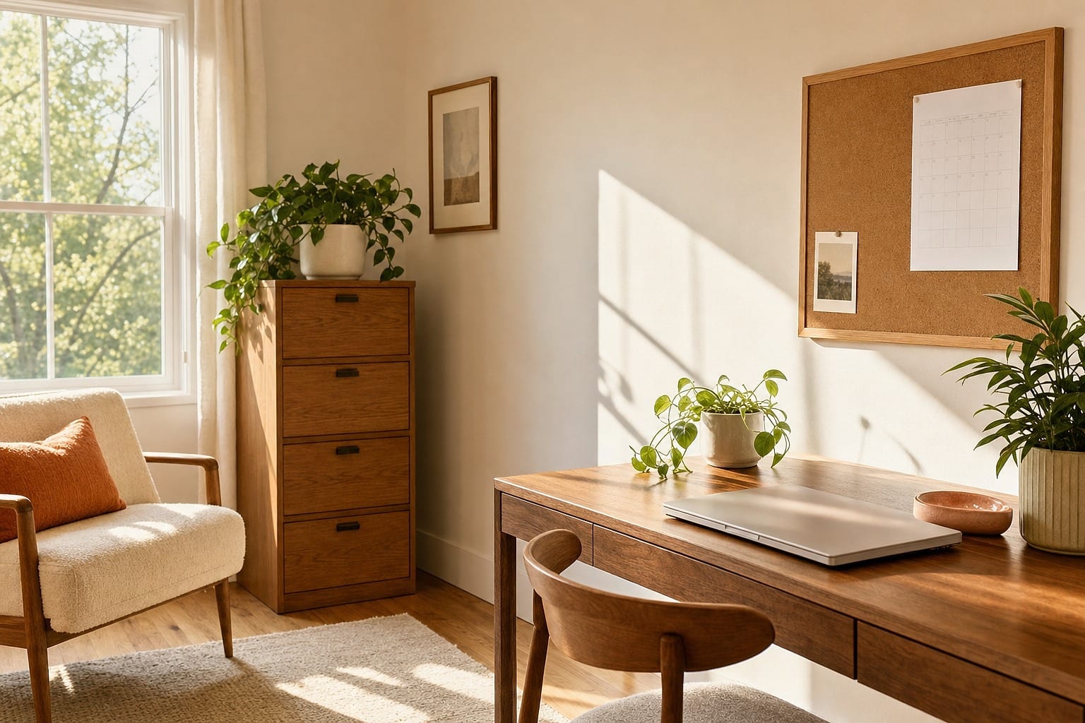 Sunlit administrative corner in a therapy practice with a calendar, cabinet and plant.