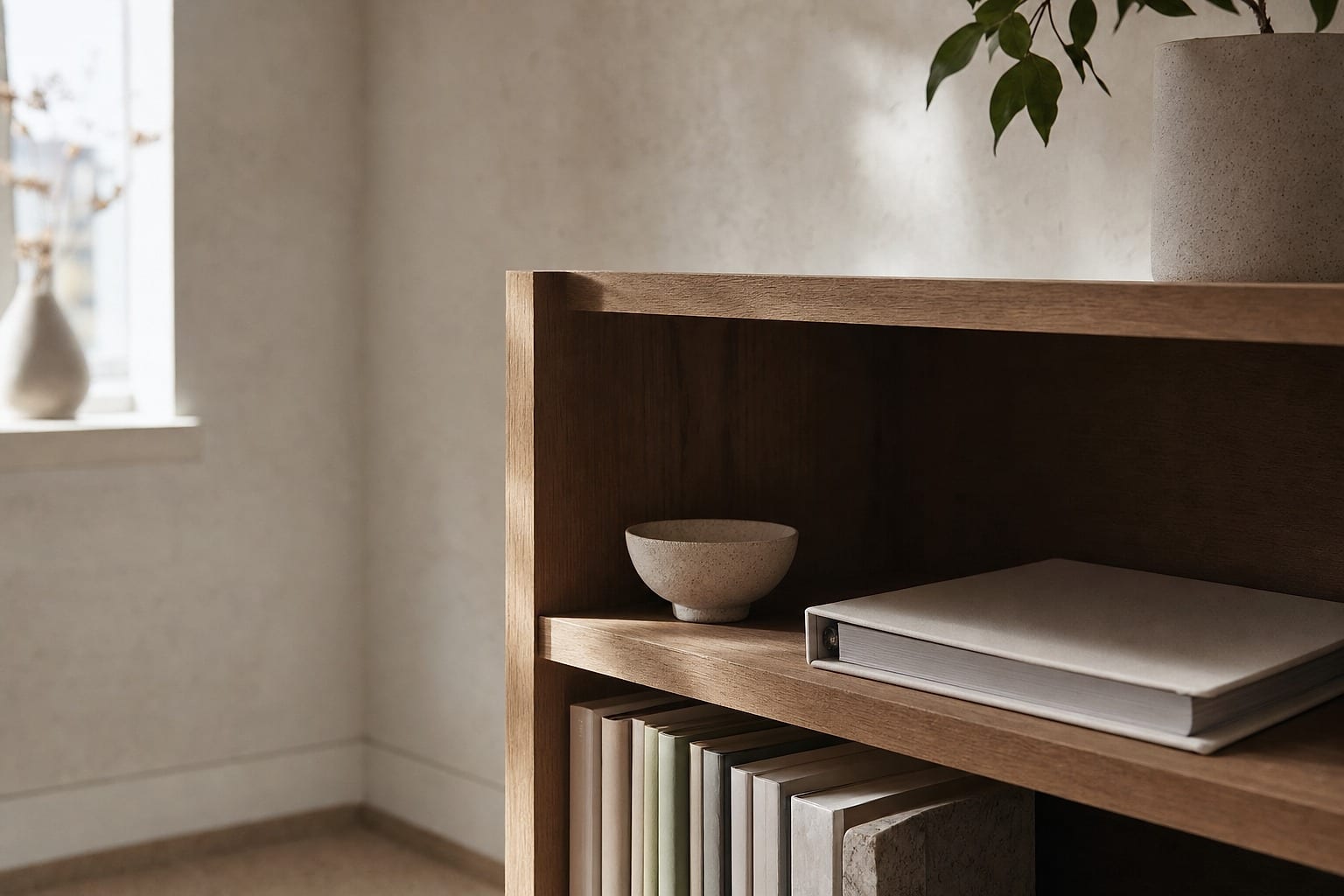 A therapy practice bookshelf with a closed binder and ceramic bowl in morning light.