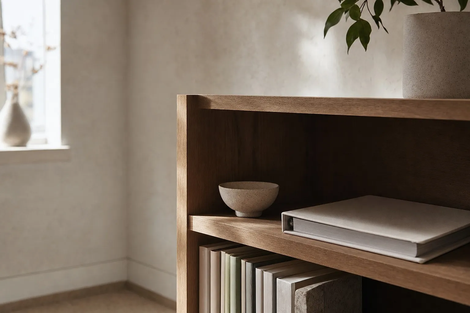 A therapy practice bookshelf with a closed binder and ceramic bowl in morning light.