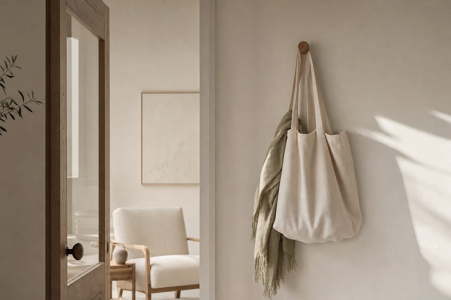 Coat hook and tote by a quiet therapy practice office door.