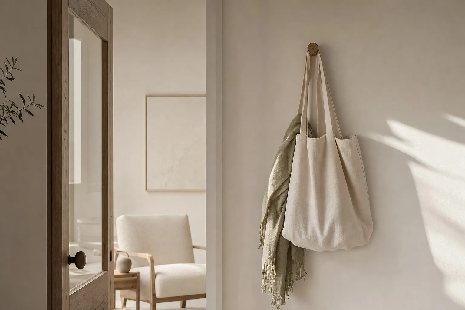 Coat hook and tote by a quiet therapy practice office door.
