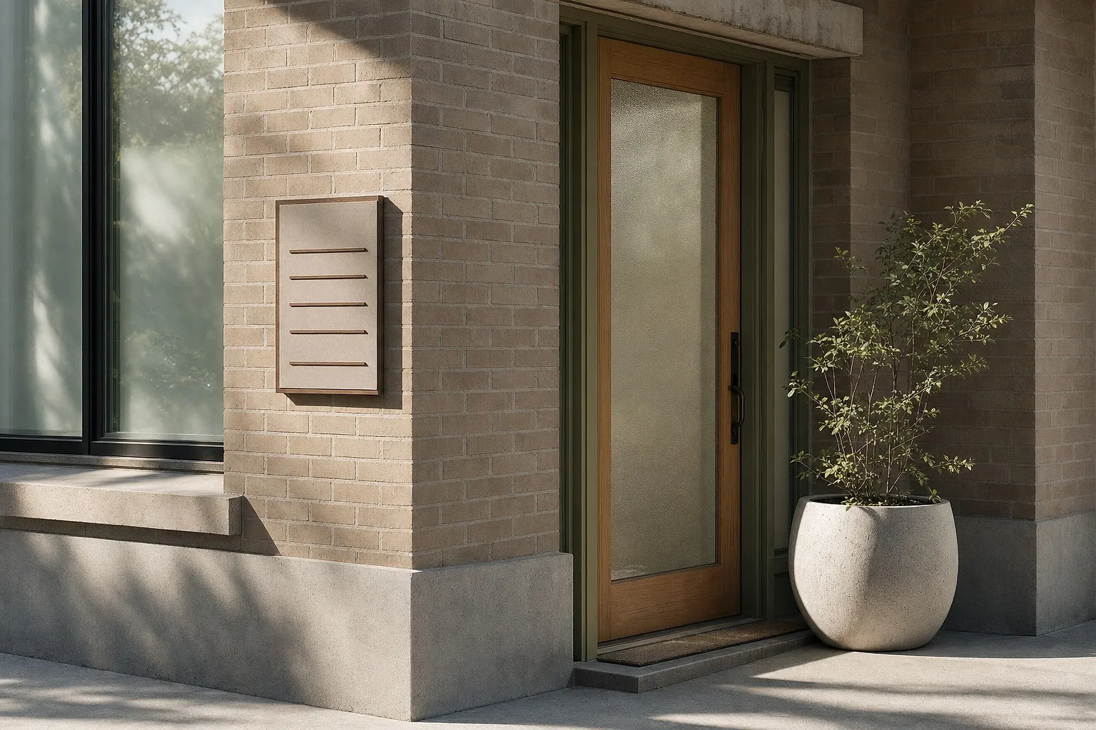 A street-level therapy office entrance with a discreet suite directory beside the door.