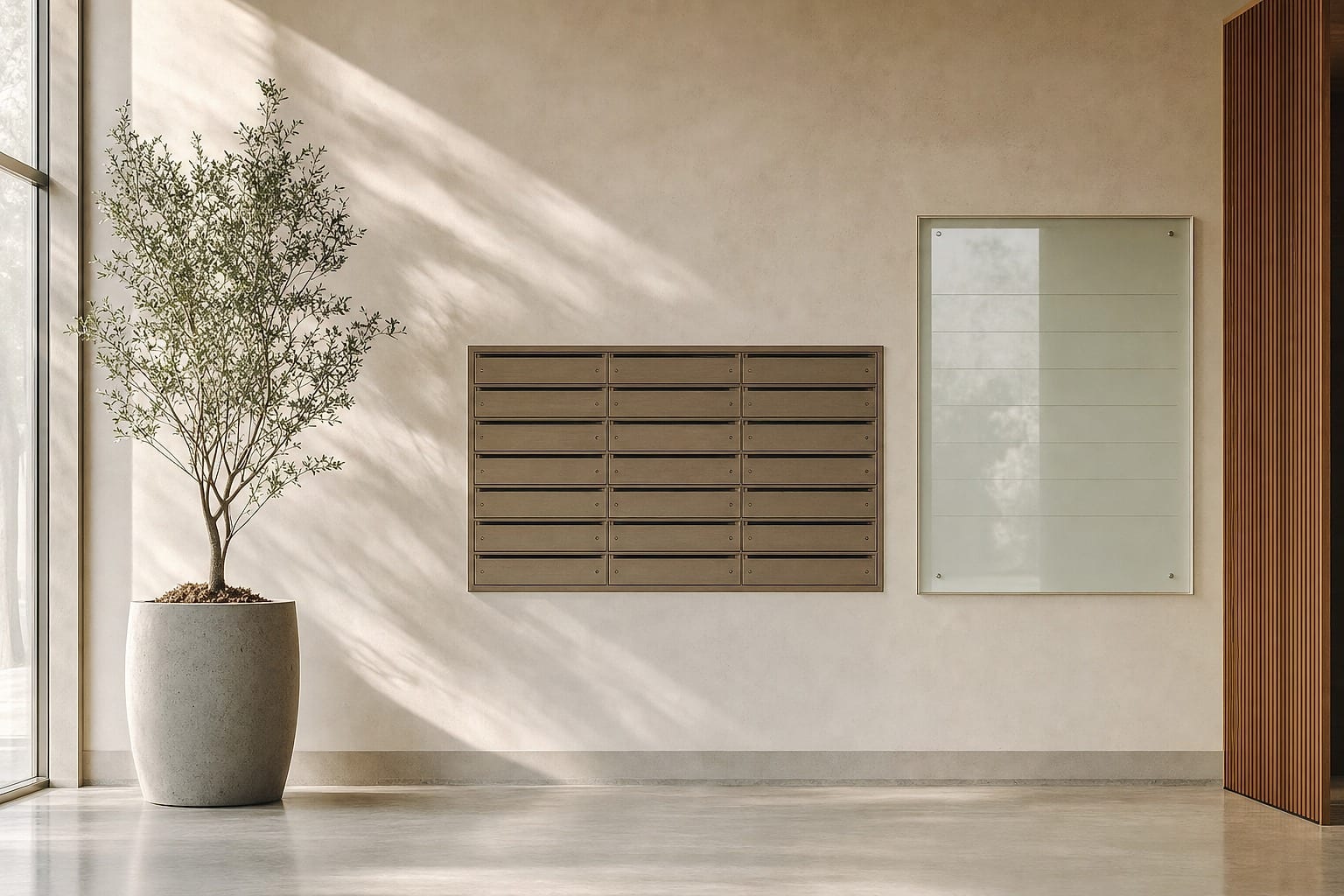 Professional building lobby with unbranded mail slots and frosted glass in soft morning light.