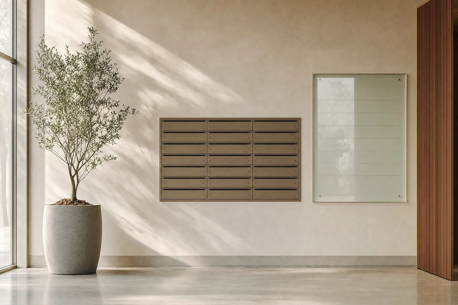 Professional building lobby with unbranded mail slots and frosted glass in soft morning light.