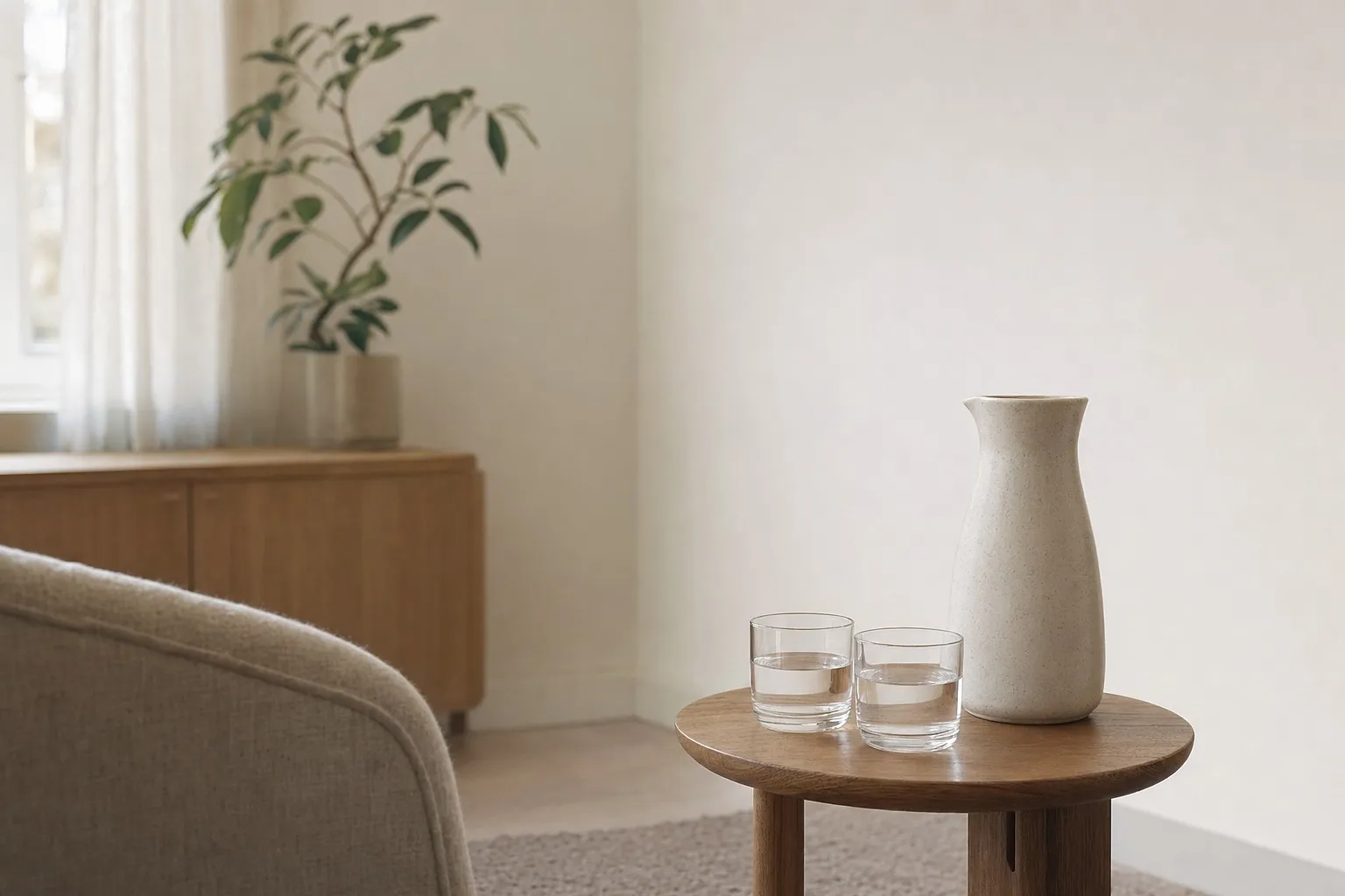 Ceramic carafe and glasses on a side table in a quiet therapy office.