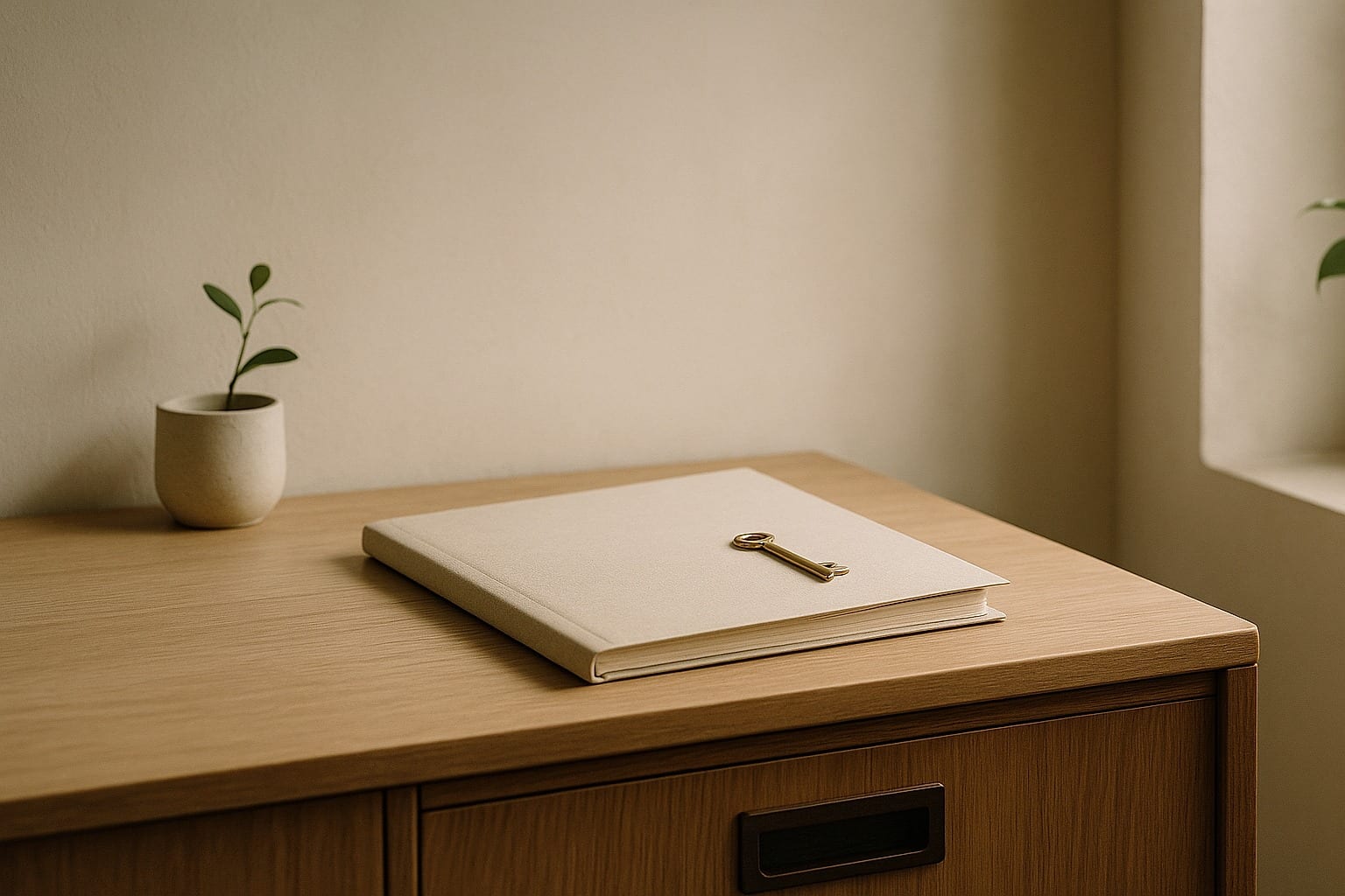 Closed folder and key on a file cabinet in a quiet therapy practice.