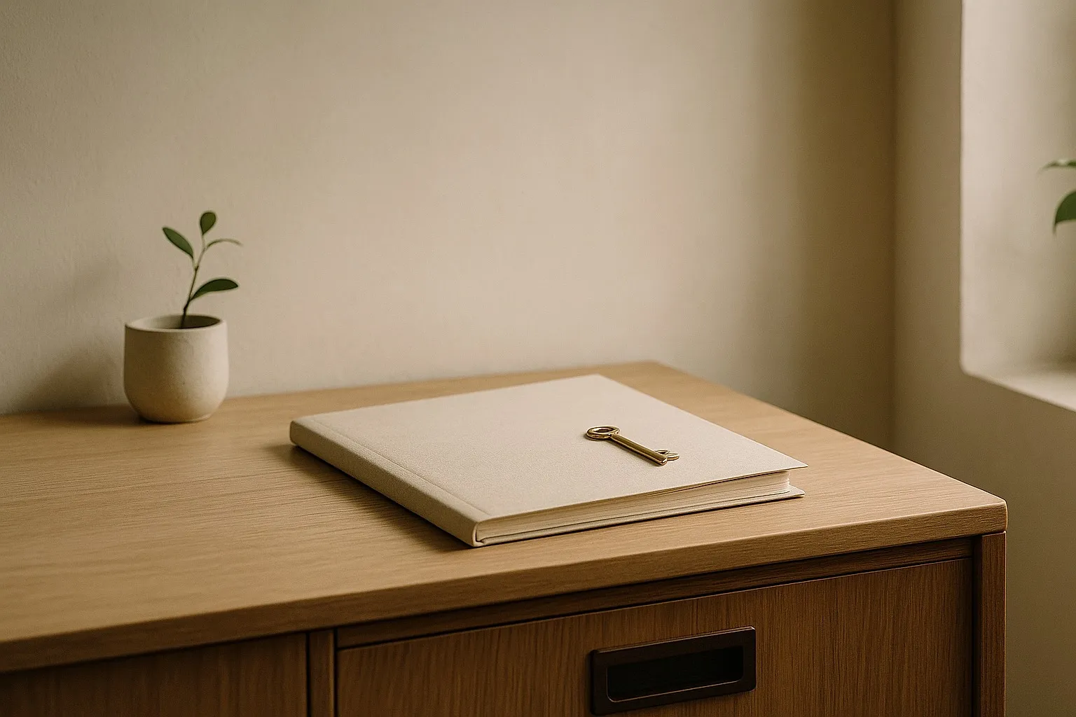 Closed folder and key on a file cabinet in a quiet therapy practice.