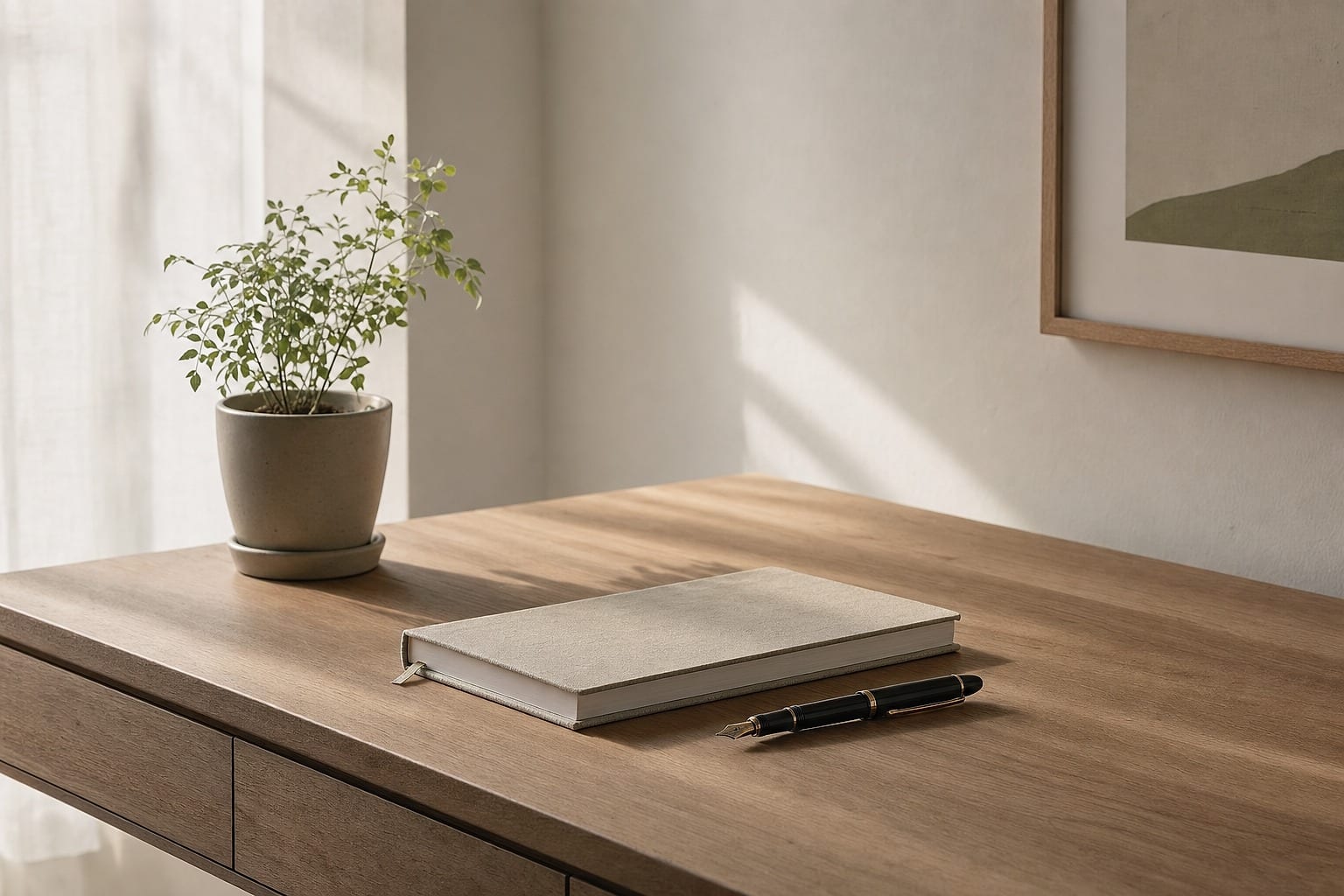 A therapy practice desk with a notebook, pen, plant, and soft morning light.