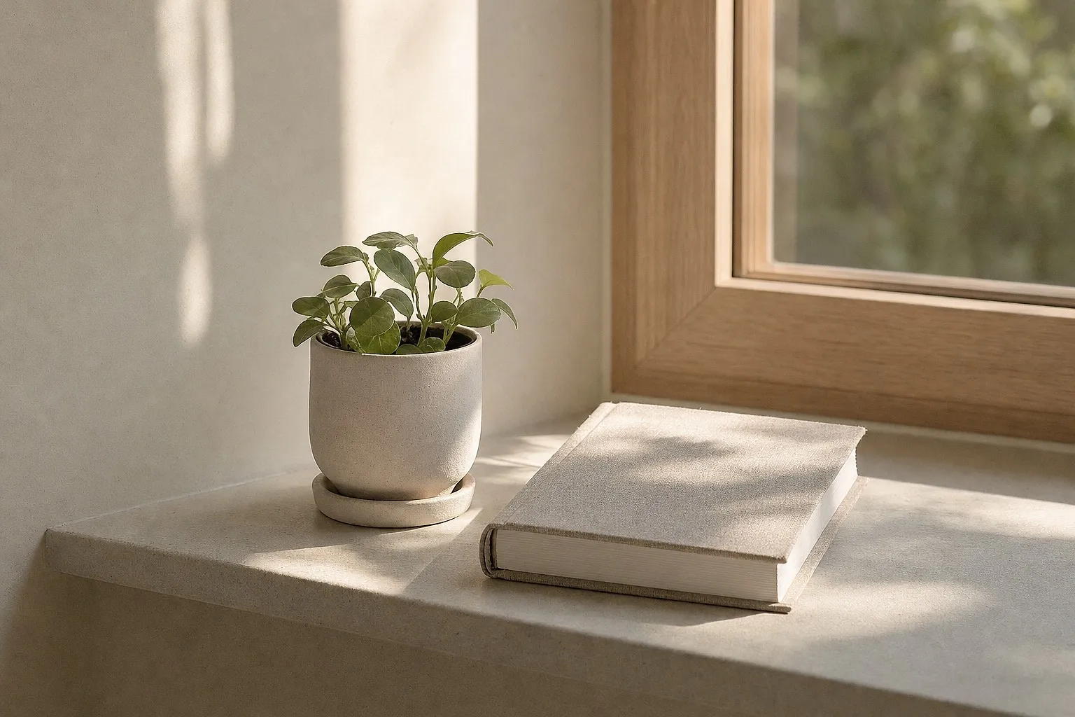 A plant and closed appointment book on a therapy office windowsill.
