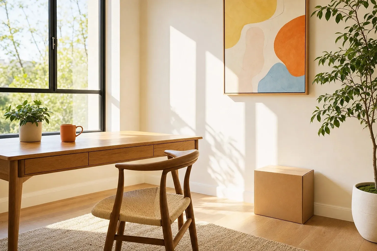 A newly set-up therapy office with an oak desk by a sunny window, an orange mug and an unopened box.