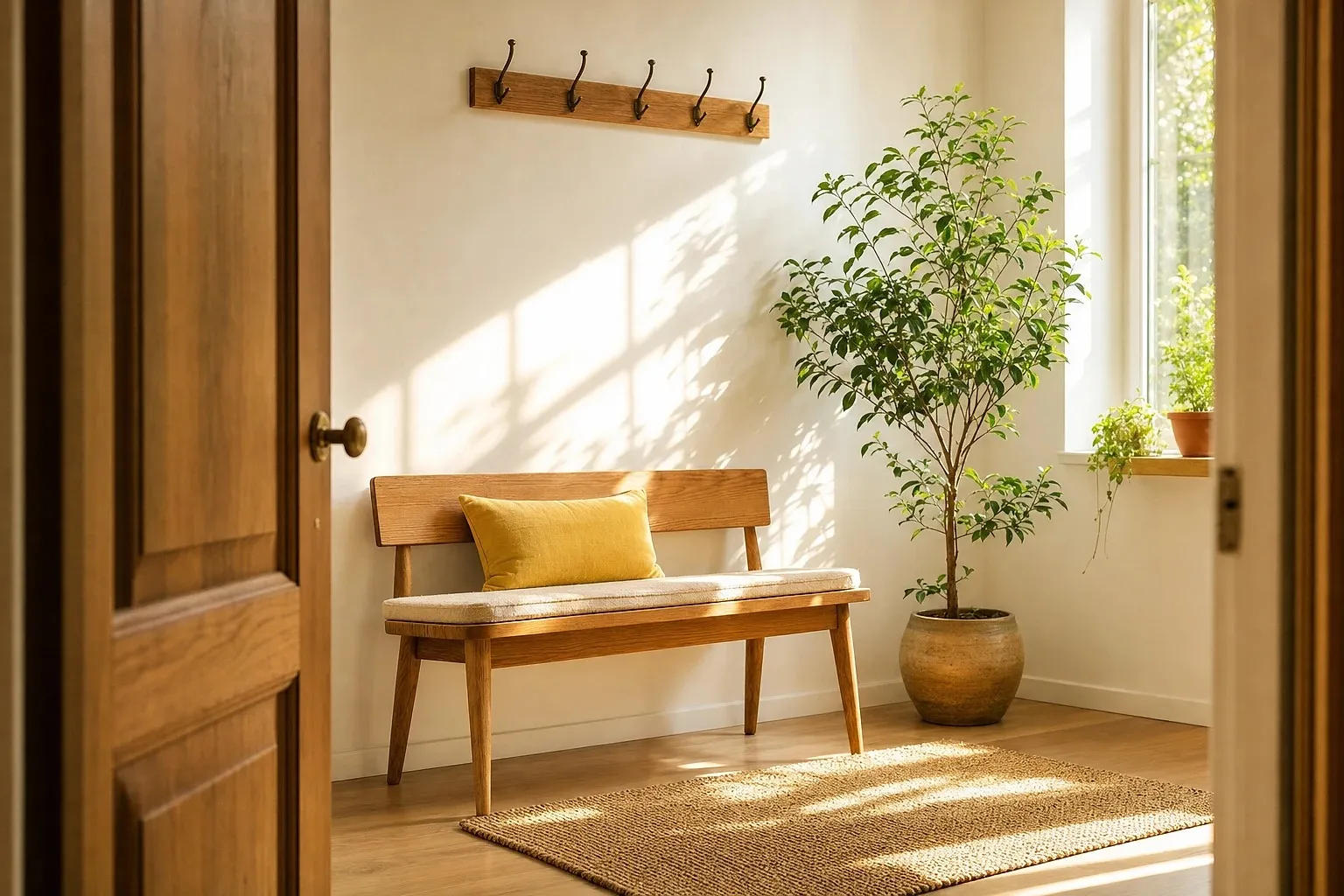 A bright therapy practice entrance with an oak bench, a yellow cushion and a plant in the morning sun.