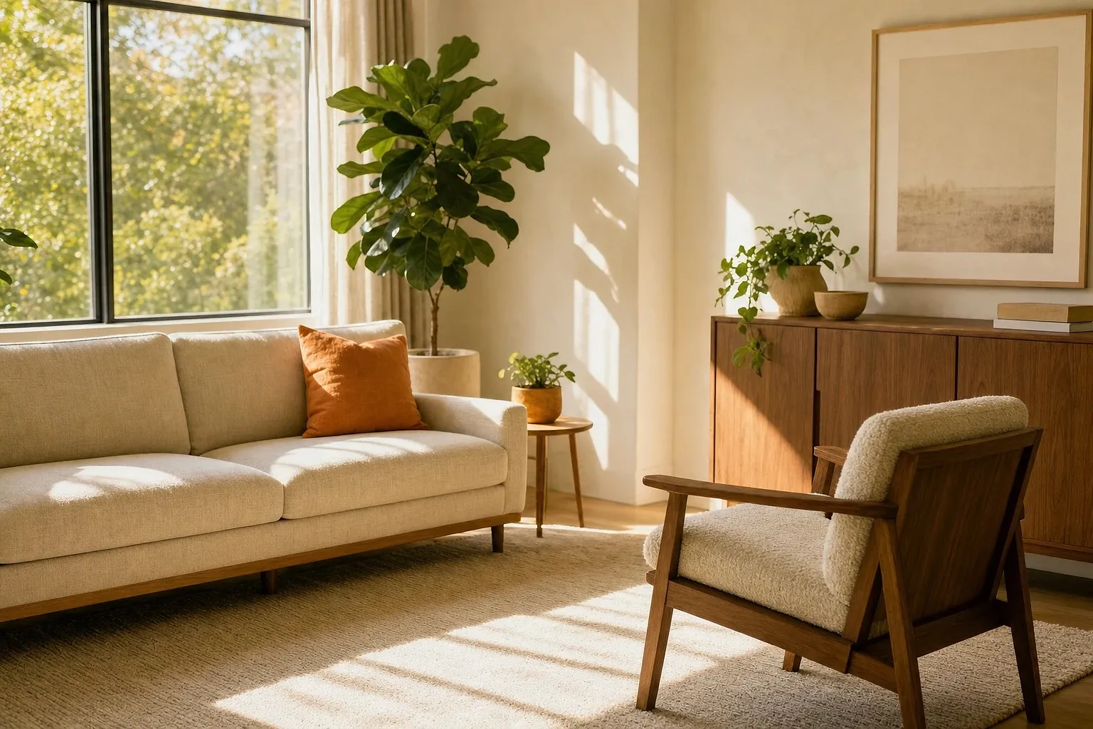 A sunlit psychologist's consulting room with a linen sofa, an apricot cushion, an armchair and a tall plant.