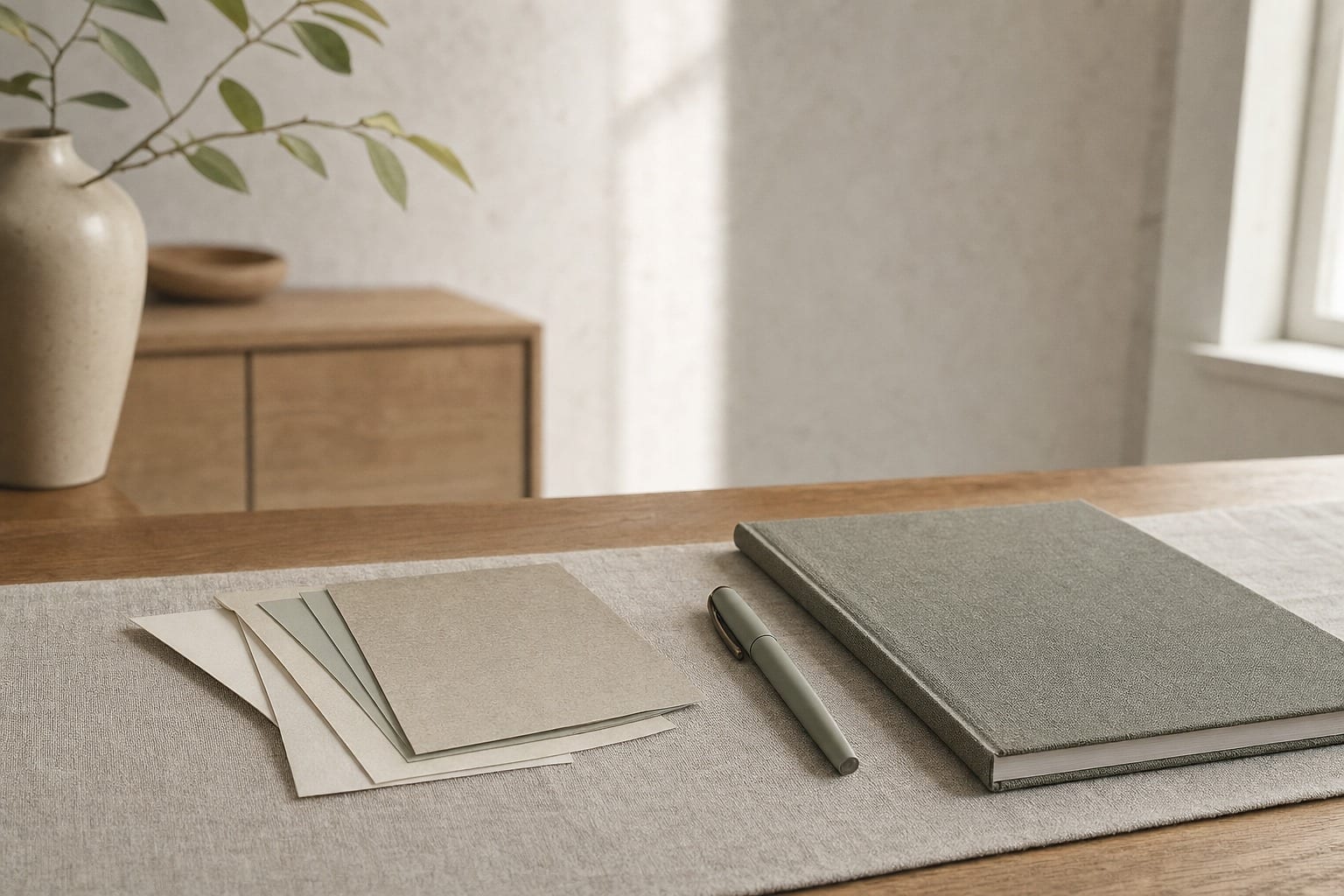 Paper swatches, a pen, and a closed calendar on a therapy practice worktable.