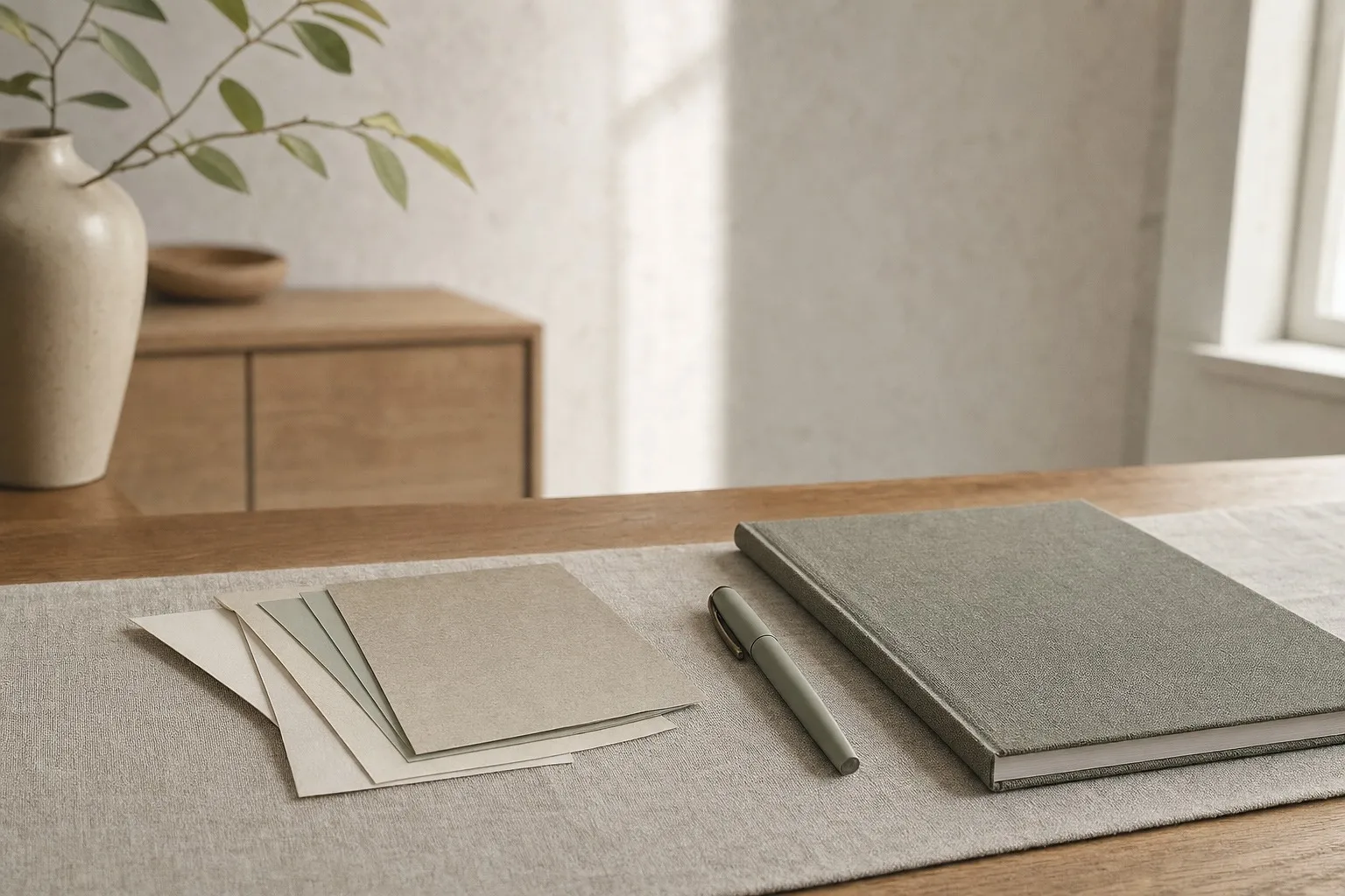 Paper swatches, a pen, and a closed calendar on a therapy practice worktable.