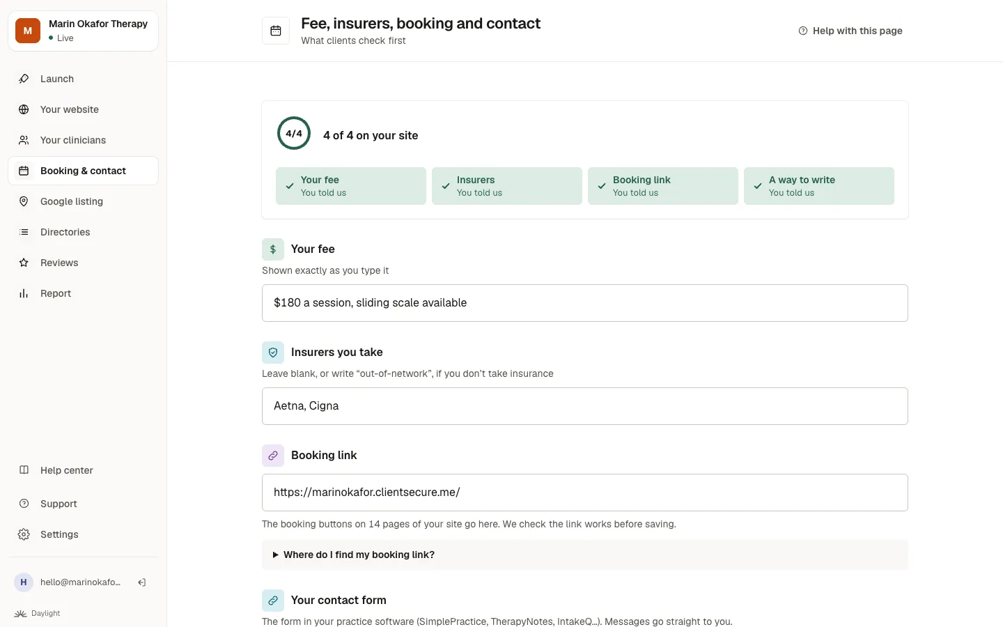 The fee, insurers and booking link page with a box for each.